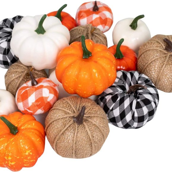 16 PCS Fall Decor Artificial Pumpkins Harvest Burlap Buffalo Plaid, Thanksgiving - Picture 2 of 3